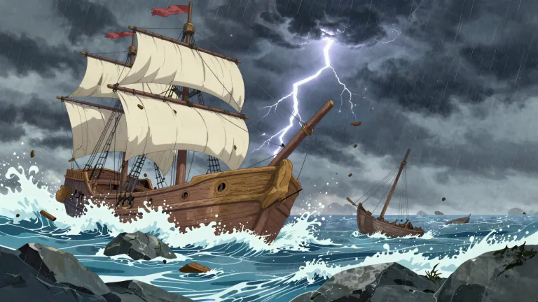 Visual representation of "shipwreck" - The destruction of a ship at sea by sinking or breaking up, for example in a storm or after hitting rocks.