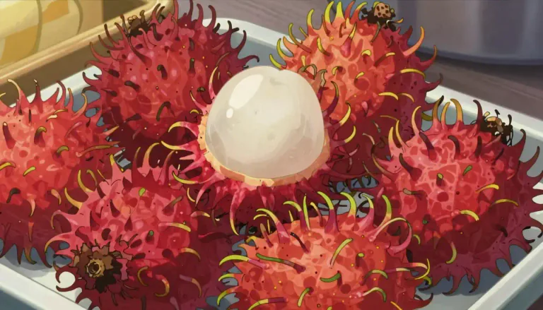 Visual representation of "rambutan" - A tropical fruit that is native to Southeast Asia, particularly Malaysia and Indonesia. It is spherical in shape, red in color, and has a hairy outer skin. The juicy fruit inside is translucent, sweet, and slightly acidic.
