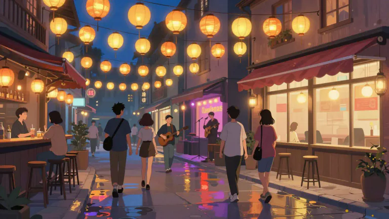 Visual representation of "nightlife" - The activities or entertainment available to people in the evening or after work.