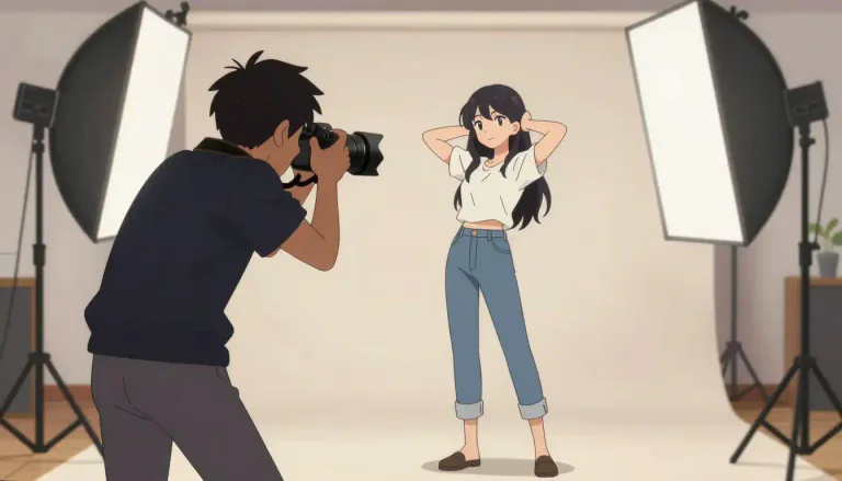 Visual representation of "photoshoot" - A session during which a photographer takes pictures of a person or group, often in a designed setting.