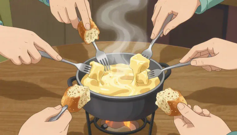 Visual representation of "fondue" - A Swiss dish made of melted cheese served along with bread for dipping.