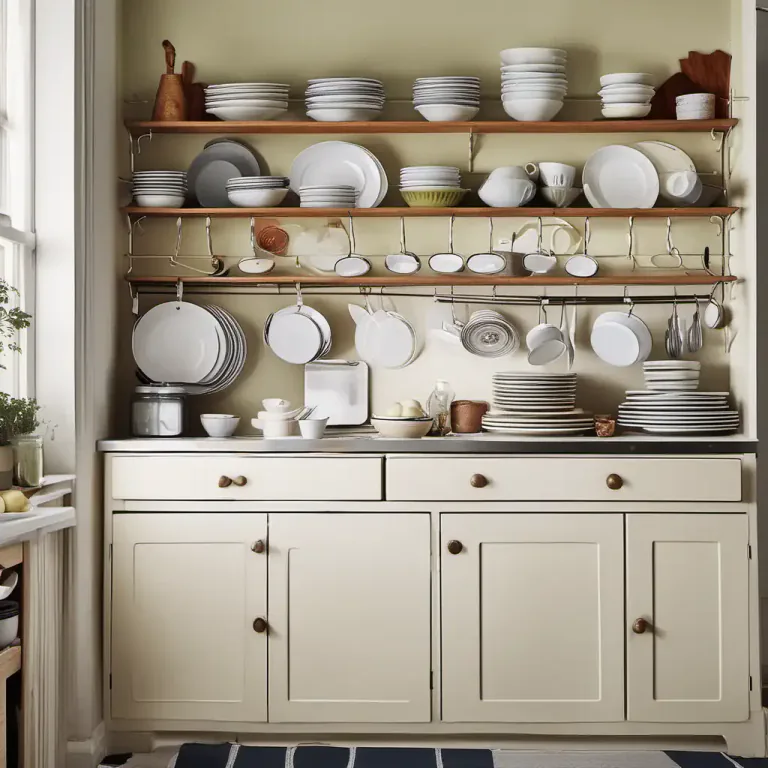Visual representation of "dresser" - A shelf in a kitchen, often attached to a wall and having hooks underneath