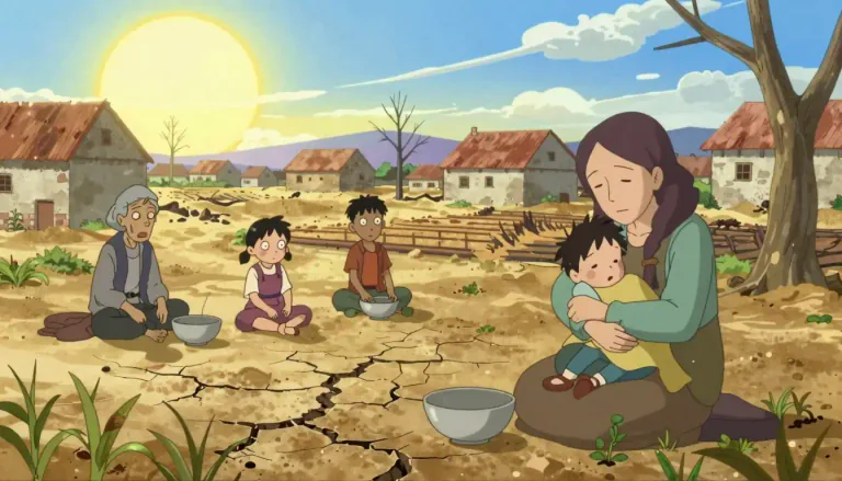 Visual representation of "famine" - A situation when there is not enough food for a large number of people, causing illness and death.