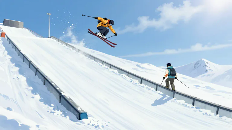 Visual representation of "slopestyle" - A type of competition in skiing or snowboarding featuring a course with various obstacles like jumps and rails where athletes perform tricks.