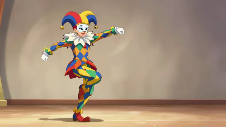 Visual representation of "harlequin" - A character in traditional jokes and drama, usually dressed in colorful diamond-patterned clothes, typically silent and athletic.