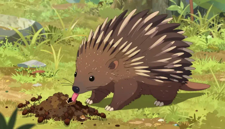 Visual representation of "echidna" - A small mammal that lives in Australia and New Guinea. It has sharp spines on its back for protection and it eats ants and termites.