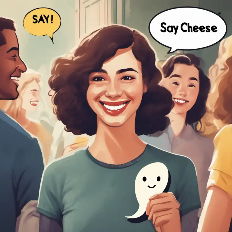 Visual representation of "say cheese" - Used to imply the need to pretend, or put on a fake smile or appearance.