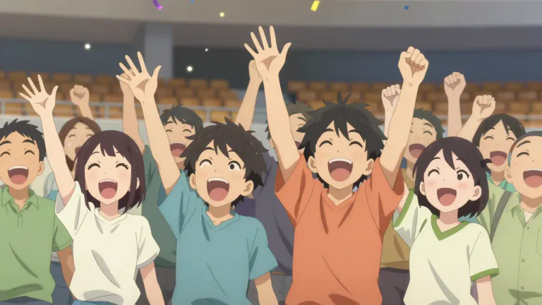 Visual representation of "hooray" - A cheer or shout used to express joy or approval.