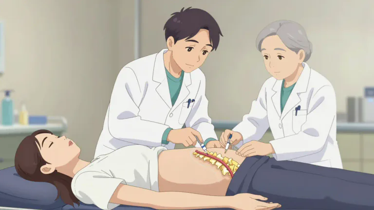 Visual representation of "epidural" - Related to the area outside the layer covering the spinal cord, often referred to when giving pain relief during labor.