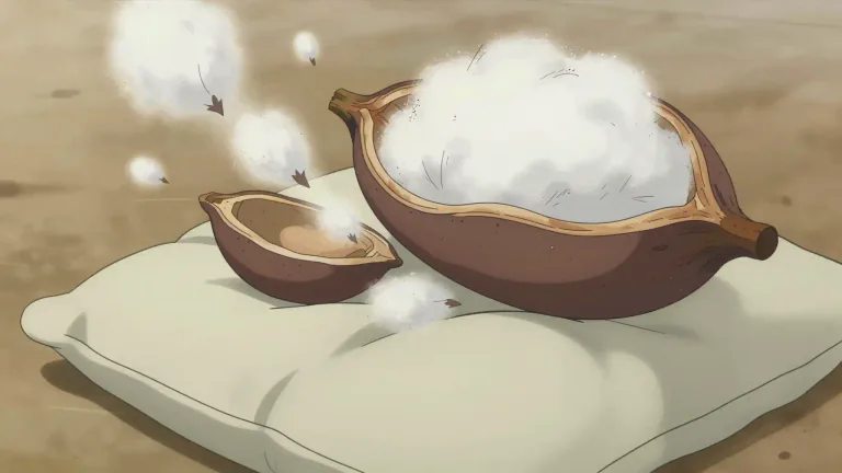 Visual representation of "kapok" - A soft, fluffy material obtained from the seed pods of the kapok tree, used for stuffing and insulation.