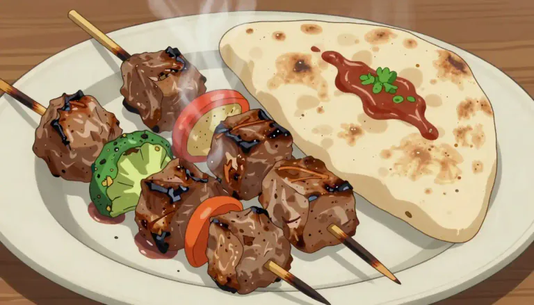 Visual representation of "souvlaki" - A traditional Greek dish of small pieces of meat and sometimes vegetables grilled on a skewer, often served with pita.