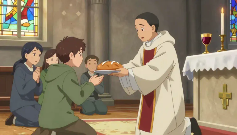 Visual representation of "eucharist" - A Christian ceremony, also known as the Holy Communion, in which bread and wine are eaten and drunk to remember the life, death, and resurrection of Jesus Christ.