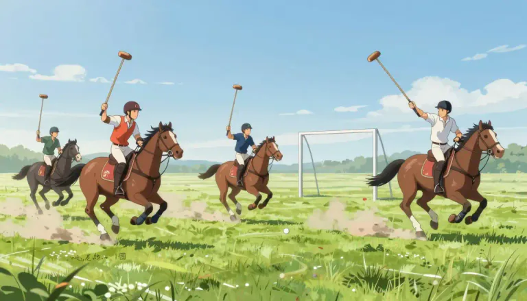 Visual representation of "polo" - A sports game played on horseback where four players try to score goals by hitting a small ball into the opponent's goal using long mallets.