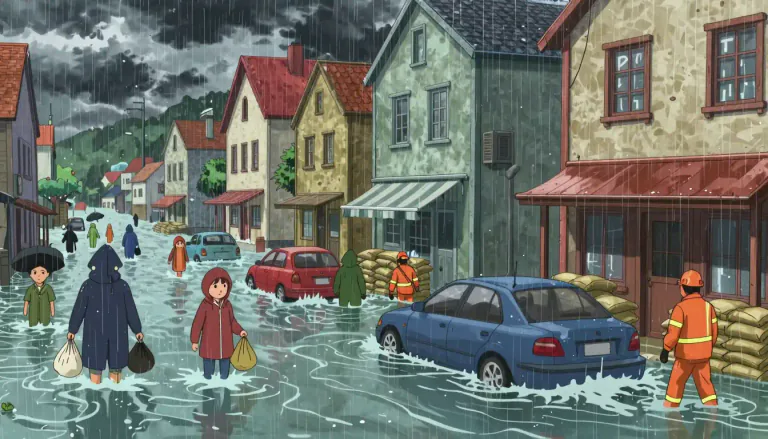 Visual representation of "inundation" - The act of covering something with a lot of water, or a situation when a place becomes covered with water.