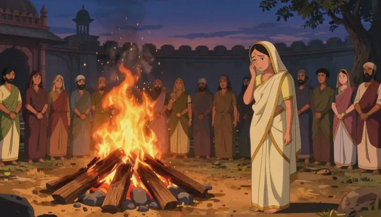 Visual representation of "sati" - A historical Hindu practice where a widow self-immolates, or is forced to self-immolate, on her husband's funeral pyre.