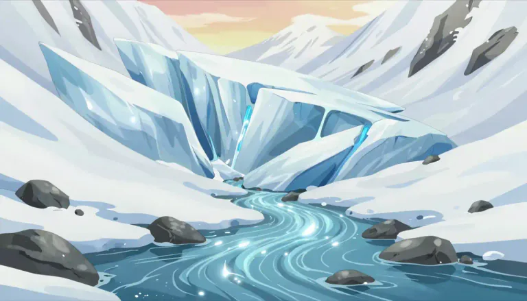 Visual representation of "meltwater" - Water that flows from the melting of snow and ice, especially in a glacial context.