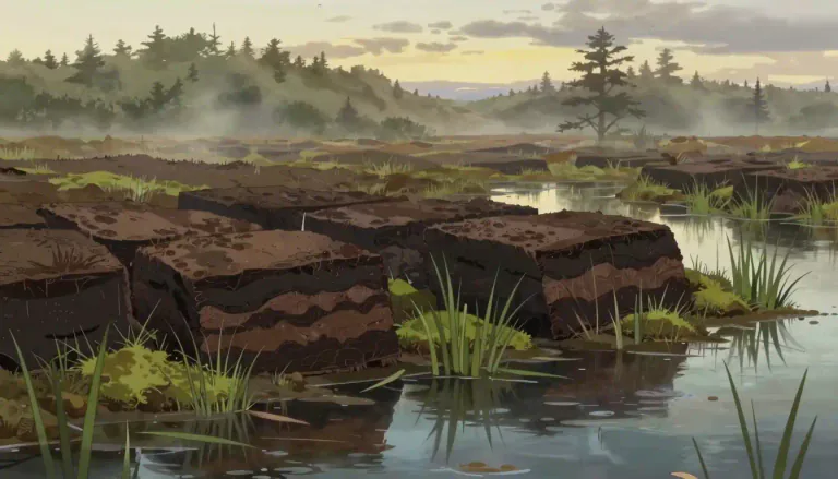Visual representation of "peaty" - Relating to or characteristic of peat. Peat is a kind of decomposed vegetation or organic matter that is formed in wetland conditions.