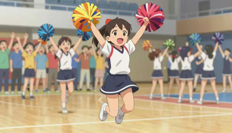 Visual representation of "cheerleader" - A person who leads cheers and routines for a sports team, usually during matches, to encourage crowd participation and team spirit