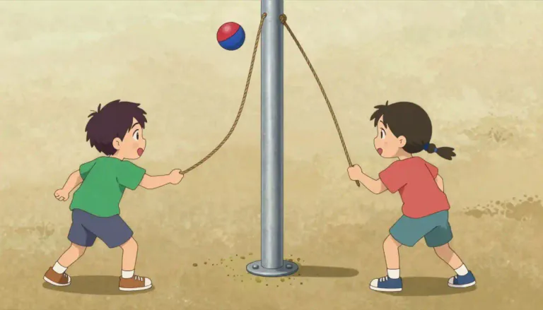 Visual representation of "tetherball" - A game played by two players who hit a ball attached to a pole, trying to wrap the ball around the pole to score.