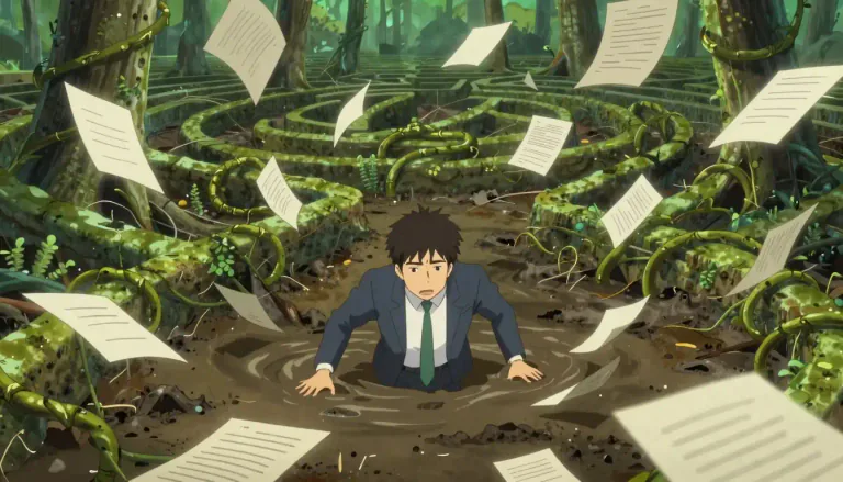 Visual representation of "morass" - A complicated or confused situation that is difficult to get out of.