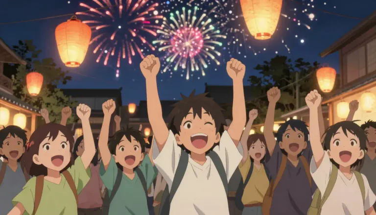 Visual representation of "banzai" - A Japanese exclamation used to express enthusiasm, joy, or a cheer, often during celebrations.