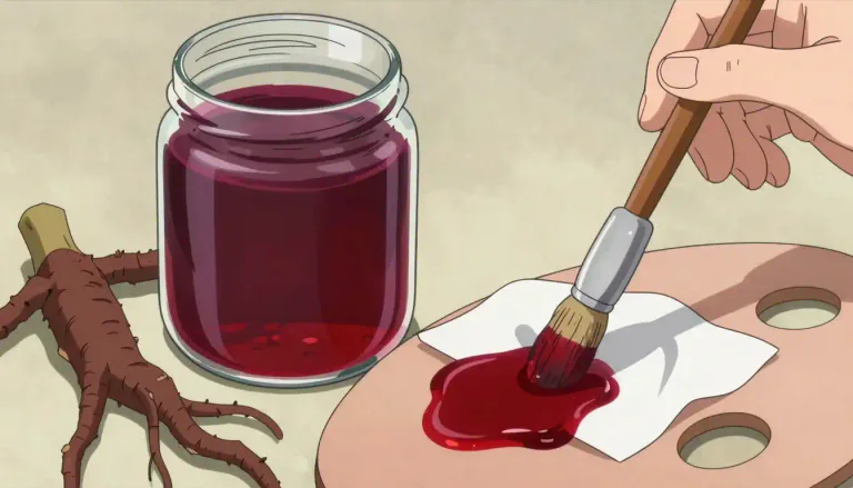 Visual representation of "alizarin" - A reddish dye originally derived from the madder plant, used historically in textiles and art.