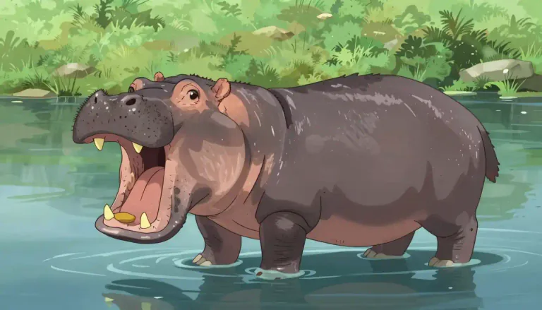 Visual representation of "hippopotamus" - A large African animal with a big mouth and short legs that lives in rivers and lakes.