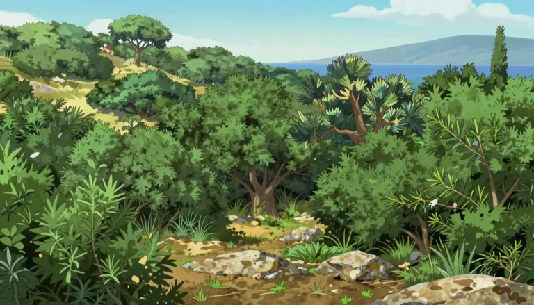 Visual representation of "maquis" - A type of dense shrubland found in Mediterranean regions, characterized by evergreen bushes.