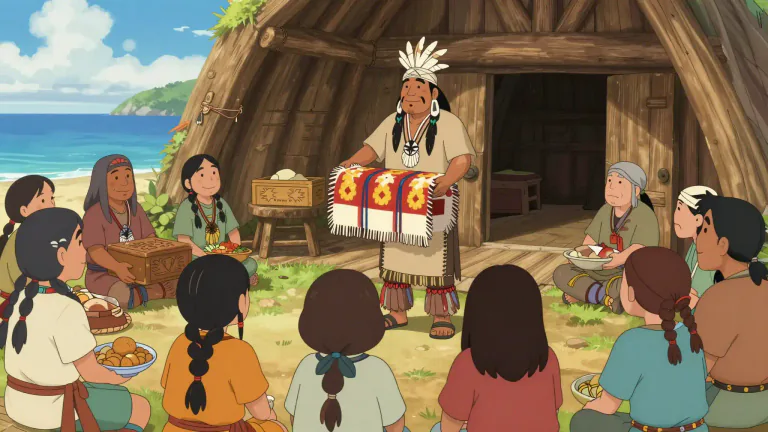 Visual representation of "potlatch" - A ceremonial event among Native American tribes in which gifts are given away to show wealth and strengthen social ties.