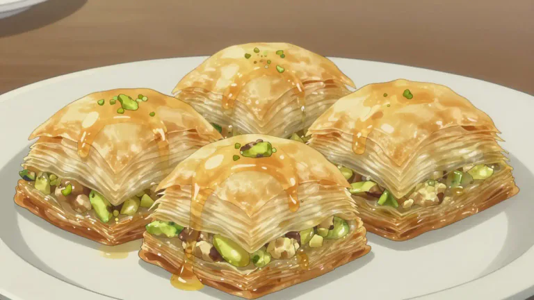 Visual representation of "baklava" - Baklava is a sweet pastry made of layers of filo pastry filled with nuts and sweetened with syrup or honey.