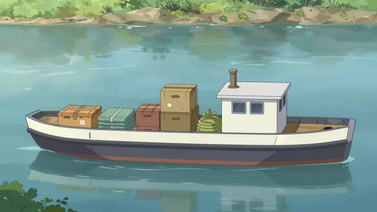 Visual representation of "scow" - A type of flat-bottomed boat with a square or rectangular shape, used for transporting goods on rivers and seas.
