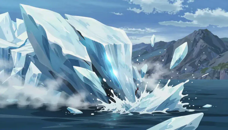 Visual representation of "calve" - When an iceberg or glacier produces a large piece of ice that breaks away.