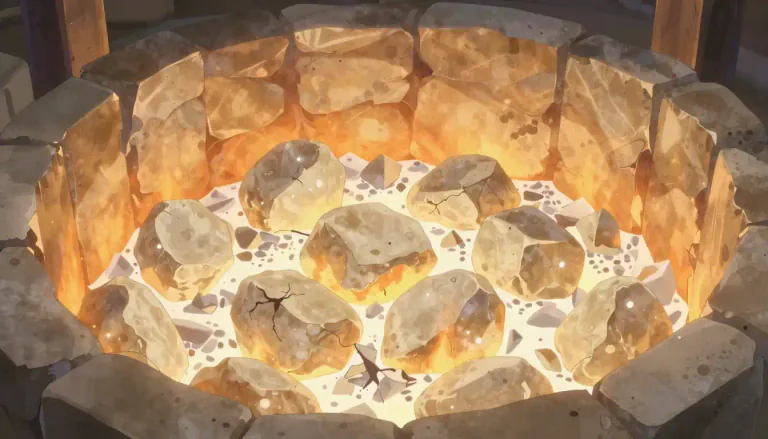 Visual representation of "calcined" - To heat a substance to a high temperature in the absence of air or oxygen, causing it to decompose or change chemically.