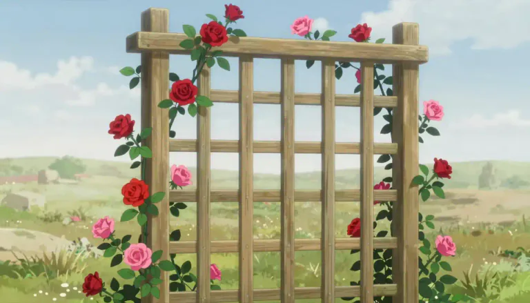 Visual representation of "trellis" - A structure made of light pieces of wood or metal bars, especially one used for supporting climbing plants.