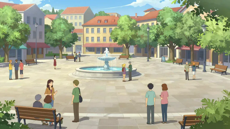 Visual representation of "plaza" - An open public area in a city or town where people can gather