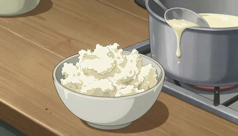 Visual representation of "ricotta" - A soft Italian cheese that is made from the whey left over from making other cheese.
