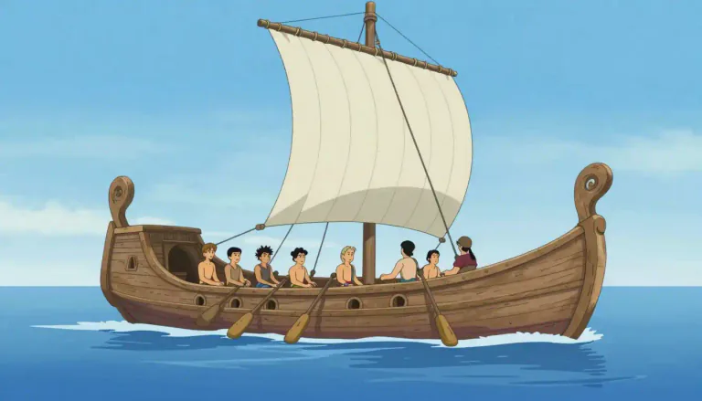 Visual representation of "trireme" - A ship from ancient times that had three rows of oars with one person at each oar.