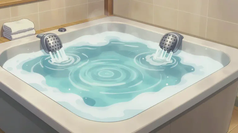 Visual representation of "jacuzzi" - A jacuzzi is a large bath filled with hot water and often has jets that provide a bubbling effect, used for relaxation.