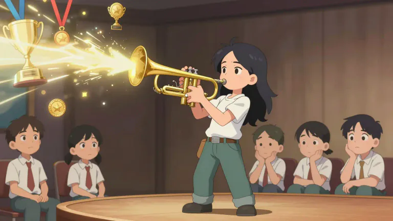 Visual representation of "blow your own trumpet" - To talk a lot about your own achievements or talents