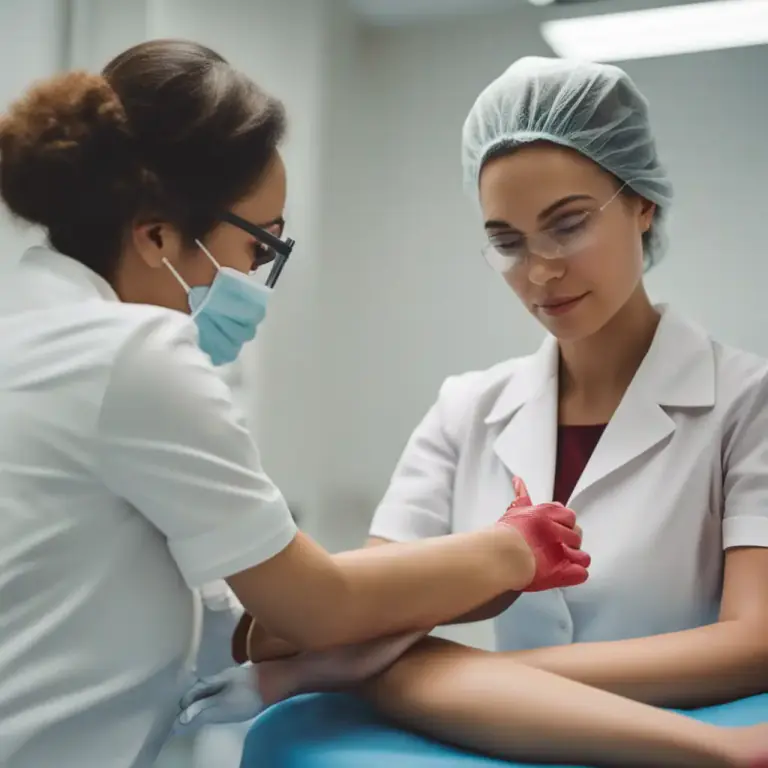 Visual representation of "draw blood" - Pierce or prick someone's skin to make blood come out, usually to take a blood sample for a medical test.