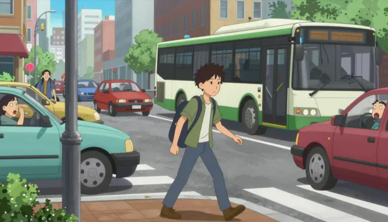 Visual representation of "jaywalk" - To cross a street carelessly or illegally, especially outside of a designated crosswalk.