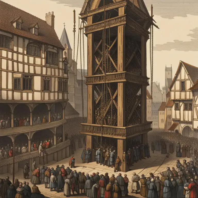 Visual representation of "scaffold" - The structure on which a person was beheaded or hanged in the past.