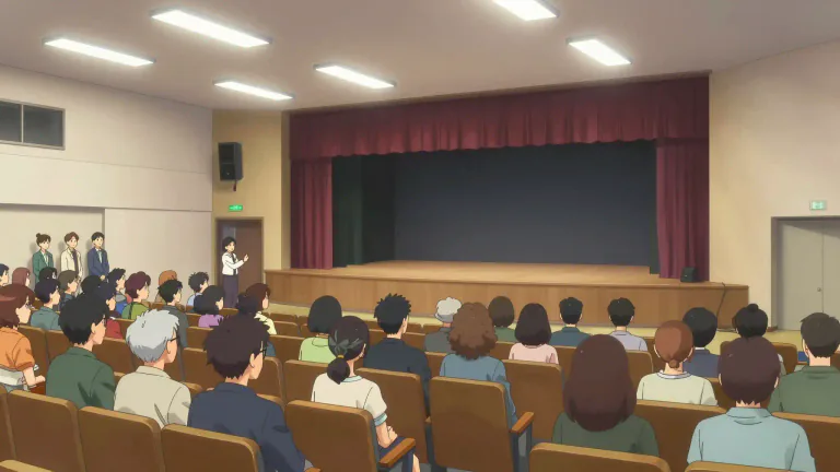 Visual representation of "auditorium" - A big room or building where people gather to watch a performance, presentation or meeting