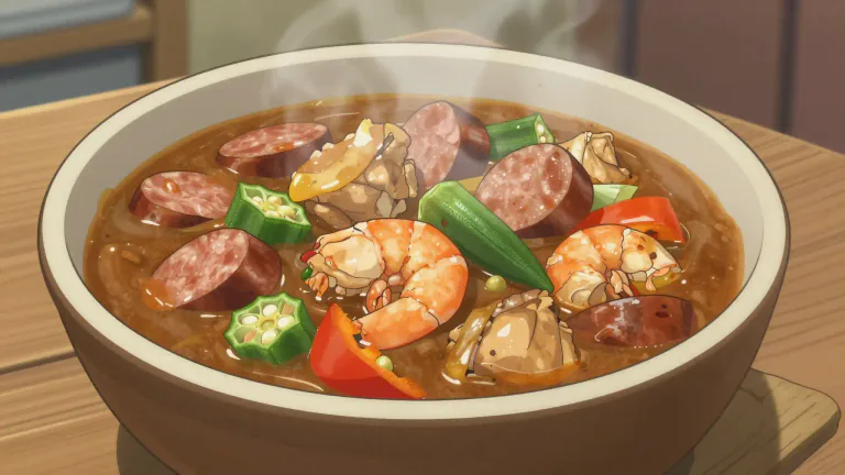 Visual representation of "gumbo" - A thick soup popular in the southern United States, typically made with vegetables, meat or seafood.