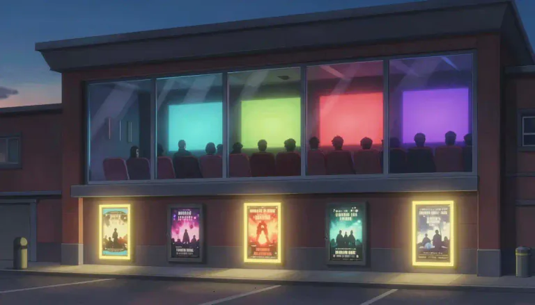 Visual representation of "cineplex" - A large cinema that contains several screening rooms, allowing multiple films to be shown at the same time.