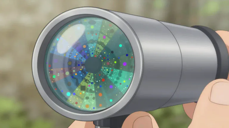Visual representation of "kaleidoscope" - A tube with mirrors and pieces of colored glass, whose reflections produce changing patterns when rotated