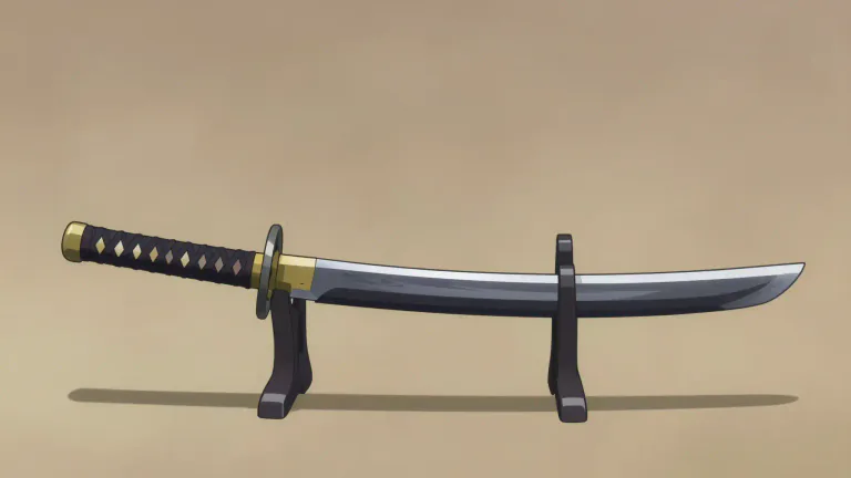 Visual representation of "katana" - A traditional Japanese sword characterized by a curved, single-edged blade and a long handle designed for two-handed grip.