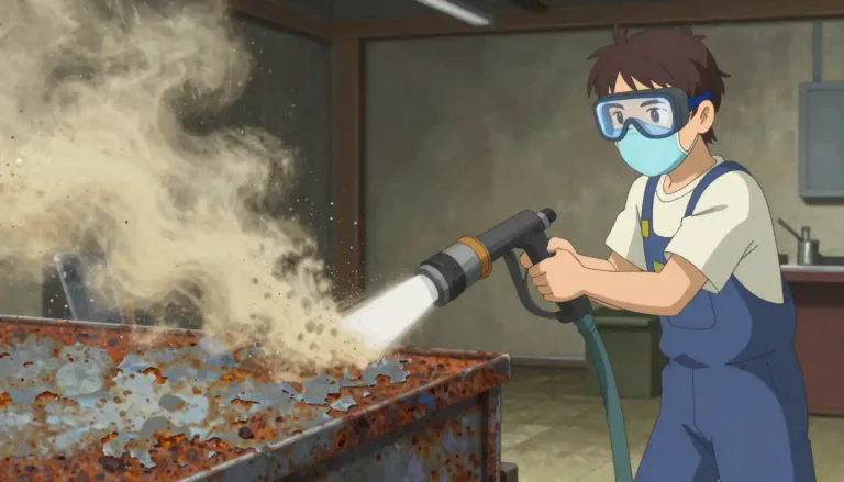 Visual representation of "sandblast" - To clean or roughen a surface using a high-speed stream of sand particles.