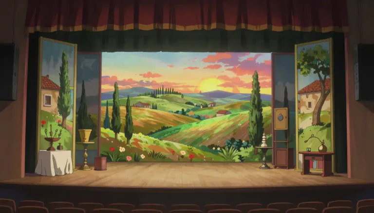Visual representation of "backdrop" - A set of objects or images that create the background scene in a play, film or photo
