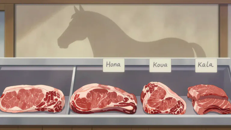 Visual representation of "horsemeat" - The flesh of horses used as food.